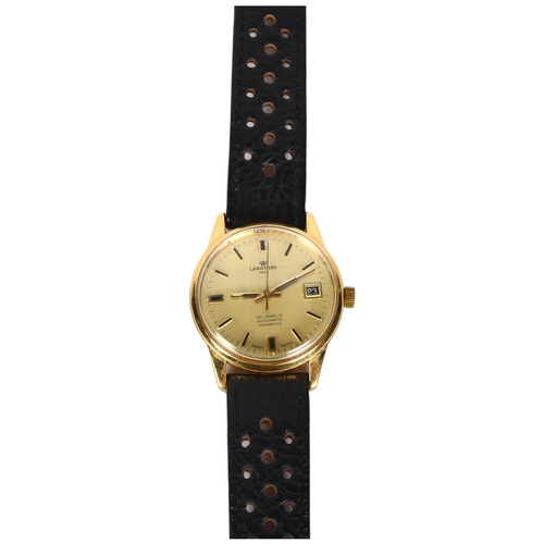 1468 - LANGTONS - a gent's gold plated automatic wristwatch with leather strap (crown loose), with original... 