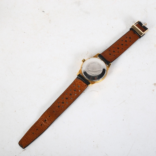 1468 - LANGTONS - a gent's gold plated automatic wristwatch with leather strap (crown loose), with original... 