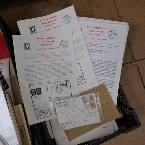 584 - 3 boxes of various stamp collecting reference books, and other loose stamps and ephemera