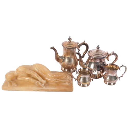 1149 - A 4-piece silver plated tea set, and an alabaster sculpture of a lady (A/F), 31cm