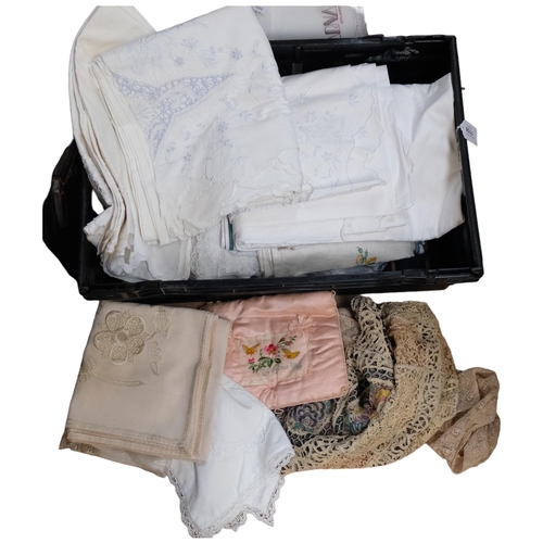 1158 - A box of Vintage embroidered and other table linen, 2 lacework tops, etc