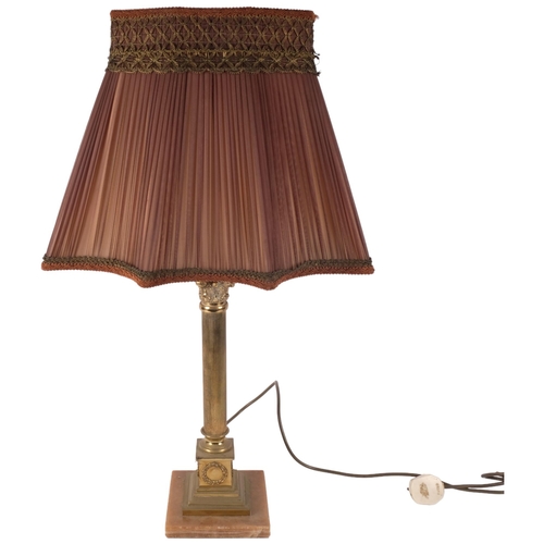 1168 - A brass Corinthian column table lamp on marble base, with shade, H71cm overall