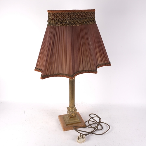 1168 - A brass Corinthian column table lamp on marble base, with shade, H71cm overall