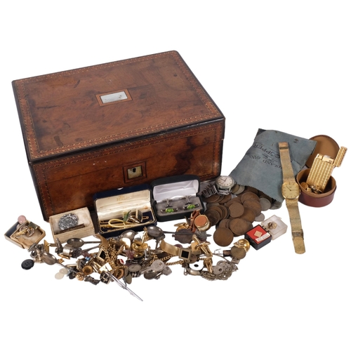 1171 - Inlaid burr-walnut writing box, and a box with cufflinks, coins, lighter etc