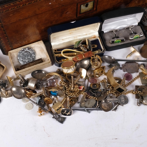 1171 - Inlaid burr-walnut writing box, and a box with cufflinks, coins, lighter etc