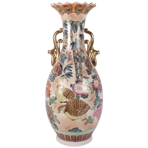 1173 - A large Oriental porcelain 2-handled vase, with quail and floral decoration, H62cm