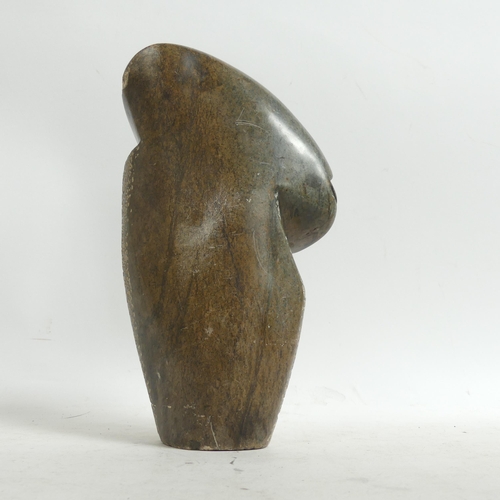 897 - A carved soapstone abstract sculpture, signed R Mteki, 18cm, and a stylised carved stone bust