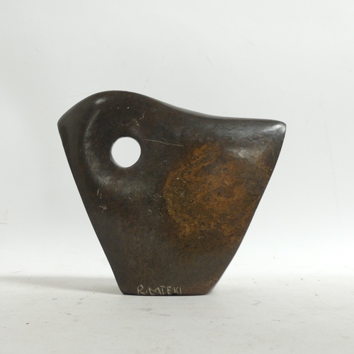 897 - A carved soapstone abstract sculpture, signed R Mteki, 18cm, and a stylised carved stone bust