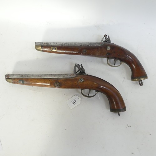 547 - A pair of 19th century flintlock pistols, with touch marks to the barrel, no maker's marks, L39cm