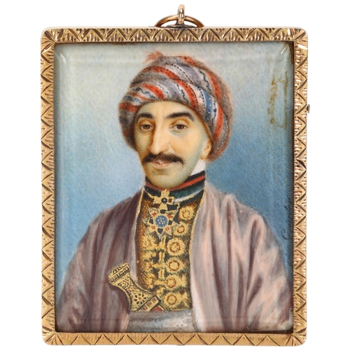 111 - 19th century miniature watercolour portrait on ivory, depicting a Persian man wearing a turban and d... 