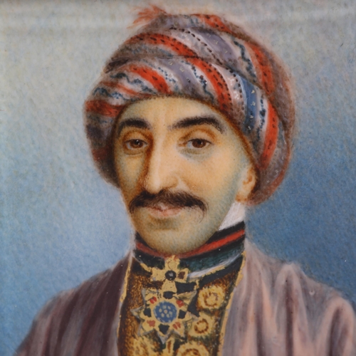 111 - 19th century miniature watercolour portrait on ivory, depicting a Persian man wearing a turban and d... 