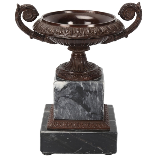 112 - A patinated bronze and marble 2-handled Classical urn, late 19th/early 20th century, height to rim 1... 