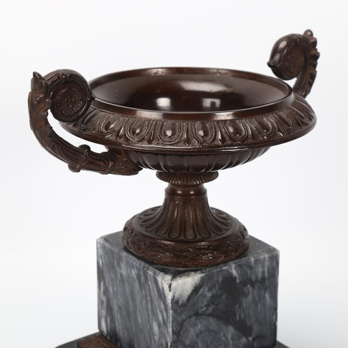 112 - A patinated bronze and marble 2-handled Classical urn, late 19th/early 20th century, height to rim 1... 