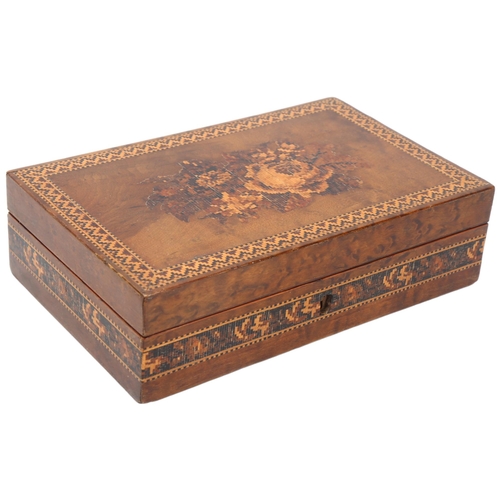 118 - Victorian Tunbridge Ware and walnut jewel box, with floral micro-mosaic lid, 18cm x 11cm x 5cm, orig... 