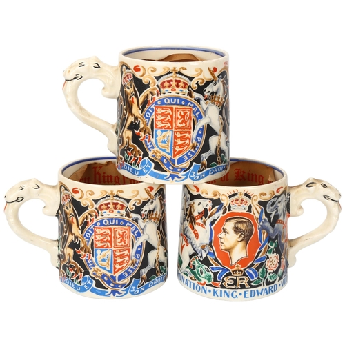 126 - 3 Edward VII Coronation mugs designed by Dame Laura Knight, Myott & Co, height 8cm, with original pa... 