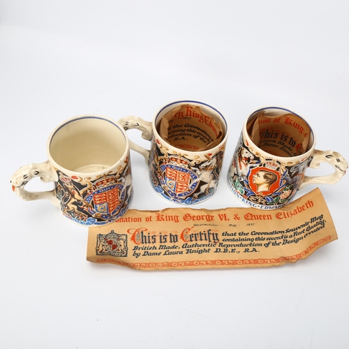 126 - 3 Edward VII Coronation mugs designed by Dame Laura Knight, Myott & Co, height 8cm, with original pa... 