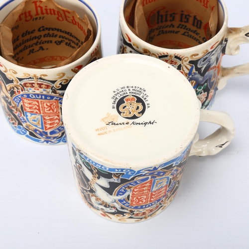 126 - 3 Edward VII Coronation mugs designed by Dame Laura Knight, Myott & Co, height 8cm, with original pa... 