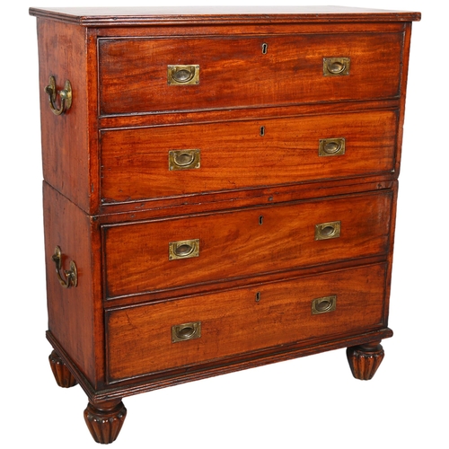 133 - An unusually small 19th century mahogany military chest of 4 long drawers in 2 parts, with recessed ... 