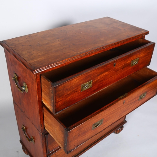 133 - An unusually small 19th century mahogany military chest of 4 long drawers in 2 parts, with recessed ... 