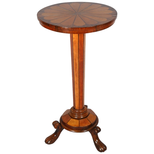 138 - A Regency circular wine table, inlaid rosewood and satinwood with hexagonal centre column and carved... 