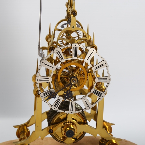 142 - 19th century English brass skeleton clock, silvered chapter ring, single fusee 8-day chain-driven me... 