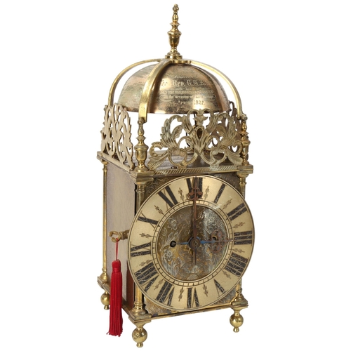 146 - A 19th century brass 8-day lantern clock with silvered chapter ring, brass double fusee chain-driven... 