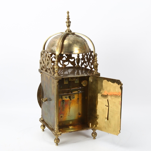 146 - A 19th century brass 8-day lantern clock with silvered chapter ring, brass double fusee chain-driven... 