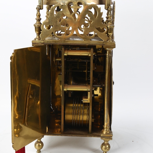 146 - A 19th century brass 8-day lantern clock with silvered chapter ring, brass double fusee chain-driven... 