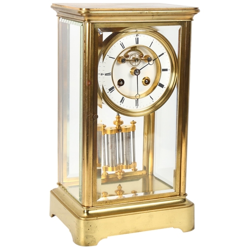 147 - A 19th century French gilt-brass 4-glass regulator clock, enamel dial, movement striking on a bell, ... 