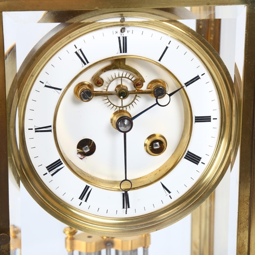 147 - A 19th century French gilt-brass 4-glass regulator clock, enamel dial, movement striking on a bell, ... 