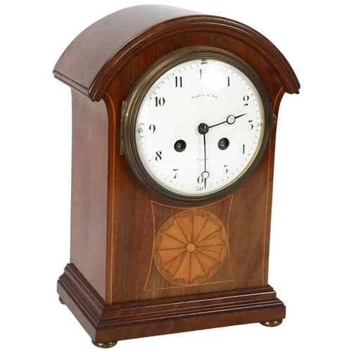 149 - A French inlaid mahogany-cased mantel clock, circa 1900, enamel dial signed Harris & Son Paris, 8-da... 