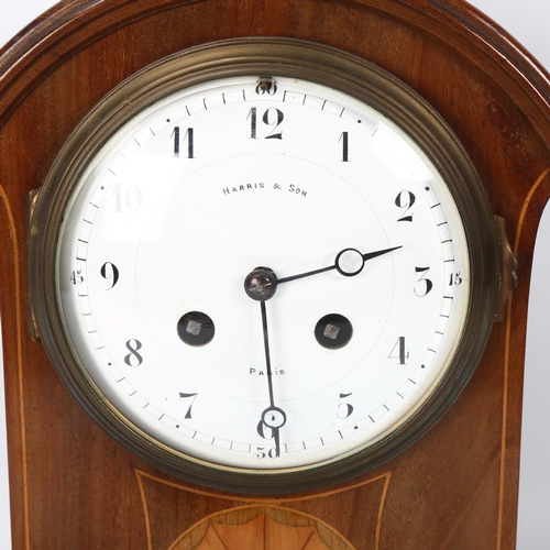 149 - A French inlaid mahogany-cased mantel clock, circa 1900, enamel dial signed Harris & Son Paris, 8-da... 