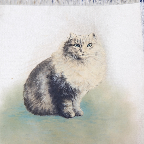 167 - 6 original watercolour paintings of cats on fine silk, circa 1920, all unsigned, panel dimensions ex... 