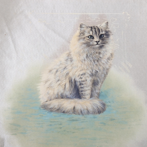 167 - 6 original watercolour paintings of cats on fine silk, circa 1920, all unsigned, panel dimensions ex... 