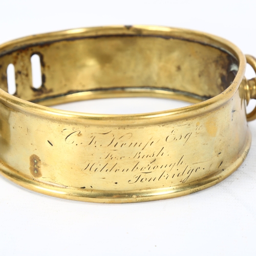 175 - A 19th century brass dog collar with brass padlock and key, inscribed C F Kemp Esq, Fox Bush, Hilden... 