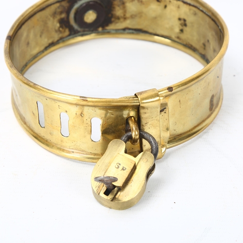 175 - A 19th century brass dog collar with brass padlock and key, inscribed C F Kemp Esq, Fox Bush, Hilden... 