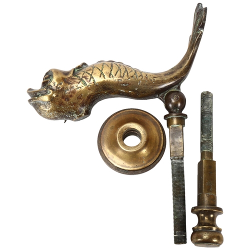 185 - An early 20th century solid bronze cast dolphin design door knocker and mount, made in Malta Navy Fo... 