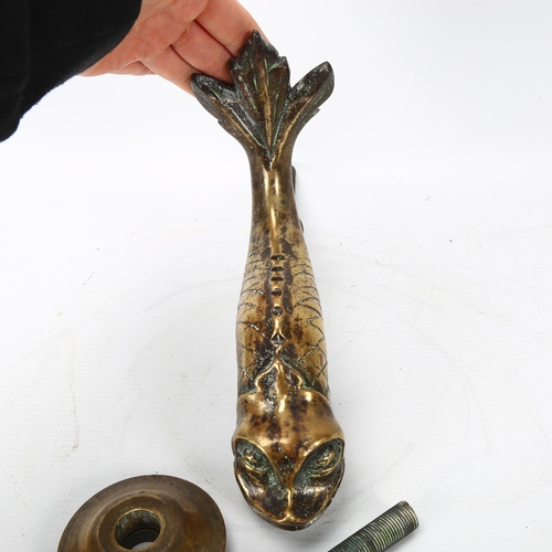 185 - An early 20th century solid bronze cast dolphin design door knocker and mount, made in Malta Navy Fo... 