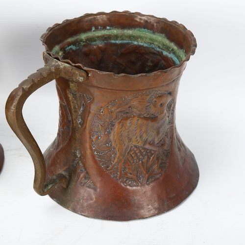 188 - A pair of Middle Eastern copper pots with embossed animal panels and copper handles. height 16cm, di... 