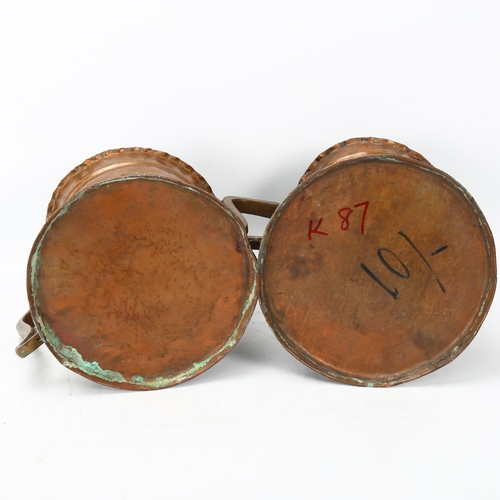 188 - A pair of Middle Eastern copper pots with embossed animal panels and copper handles. height 16cm, di... 