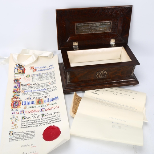 189 - A Freedom scroll for the Borough of Folkestone 1958, in oak casket with enamel crest to the lid, cas... 