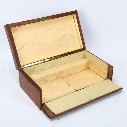 191 - Art Deco amboyna and ivory-edged jewel box, with hinged lid and drop-down front, 22cm x 12cm x 7.5cm... 