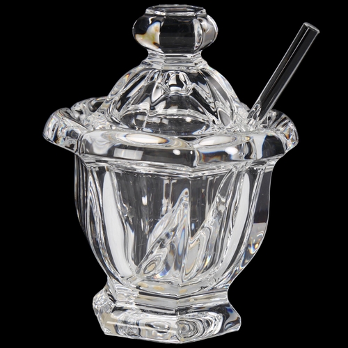 193 - Baccarat crystal preserve/mustard pot and cover, with matching spoon, height 11cm, original box