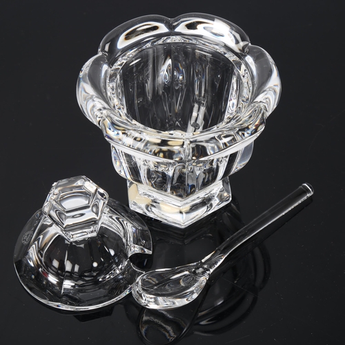 193 - Baccarat crystal preserve/mustard pot and cover, with matching spoon, height 11cm, original box