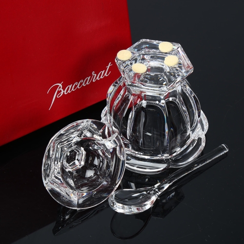 193 - Baccarat crystal preserve/mustard pot and cover, with matching spoon, height 11cm, original box