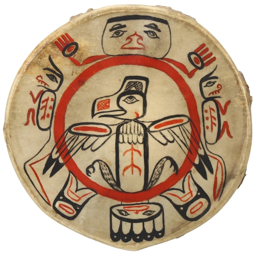 194 - Native American North West coast rawhide hand drum, decorated with mythical figures, early to mid-20... 