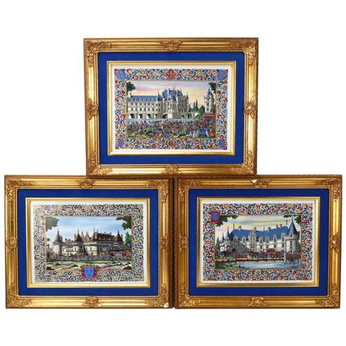 196 - Jean Gradassi, 3 printed porcelain plaques depicting Royal palace buildings, in gilt frames, overall... 