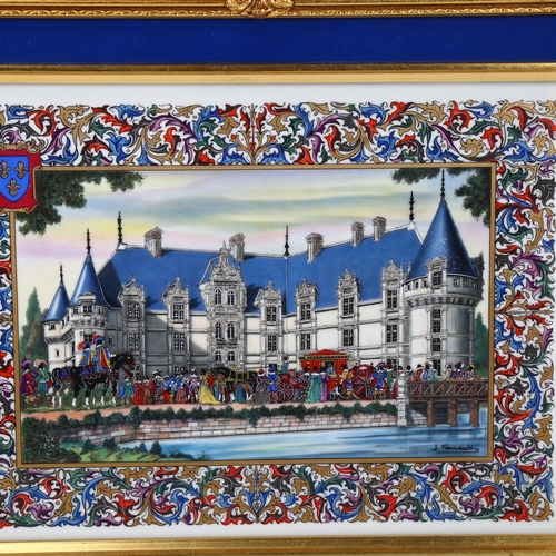 196 - Jean Gradassi, 3 printed porcelain plaques depicting Royal palace buildings, in gilt frames, overall... 