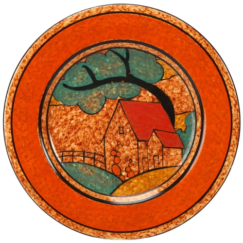 197 - Clarice Cliff Bizarre Red Roofs, Cafe Au Lait plate, c.1932, diameter 18cm