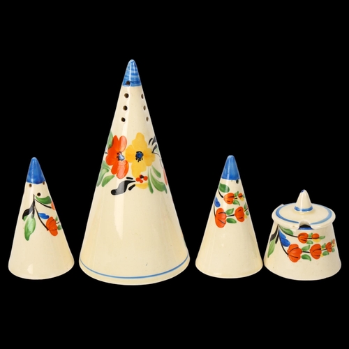 198 - Clarice Cliff Honeyglaze 3-piece conical-shaped cruet set and matching sugar shaker, sugar shaker he... 